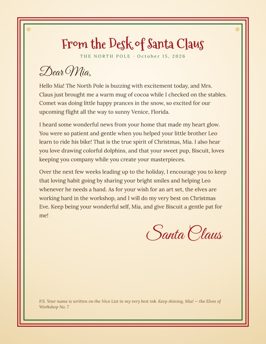 Sample personalized letter from Santa